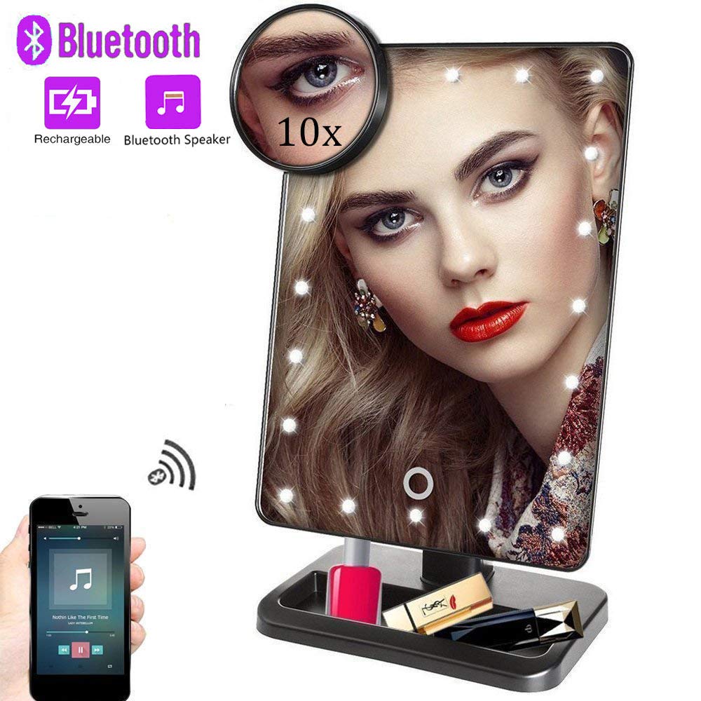 Makeup Mirror with Lights and Bluetooth - Vanity Mirror with Lights with 10X Magnifying, Cosmetic Mirror with 20 LED Lights,180° Rotation,USB Charging(Black)