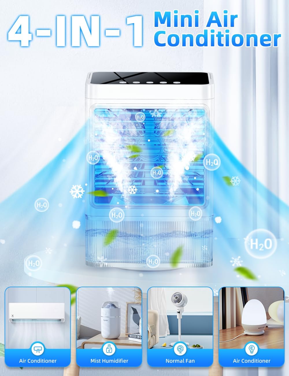 Small Air Conditioner w/ 3 Speeds&3 Modes, Remote, 1100ML Tank Humidifier, 8-Cube Ice Tray, 120° Oscillating, 4 IN 1 Portable Air Conditioners, 7-Color Light, 4H Timer Desk AC Unit for Bedroom