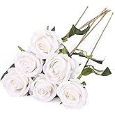 LetuoClips 6pcs Fake Roses Artificial Flower, Bridal Rose Bouquet Faux Roses with Stems for Wedding Flower Decoracion, White Artificial Roses, Valentine's Day, Wedding & Home Decor