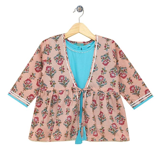 LIL PITAARA By Hopscotch Girls Cotton Sleeveless Inner Top With Jacket in Multi Color