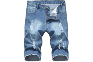 PASOK Men's Casual Denim Shorts Distressed Stretchy Jeans Shorts Ripped Short Pants