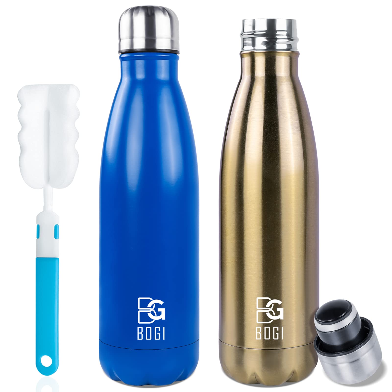 BOGI 2 Pack Insulated Water Bottle - 750ml Stainless Steel, Leakproof Metal Bottle Keep Drink Hot & Cold for Sports, Girls, Kids With Cleaning Brush (Cham+Dblue)