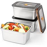 fecoqi 3 PCS Stainless Steel Food Storage Containers(94oz) with Lids Leak Proof & Airtight | Stainless steel freezer Containers,Airtight Bento Lunch Box,For Meal Prep,Fruit,Snack,Freezer