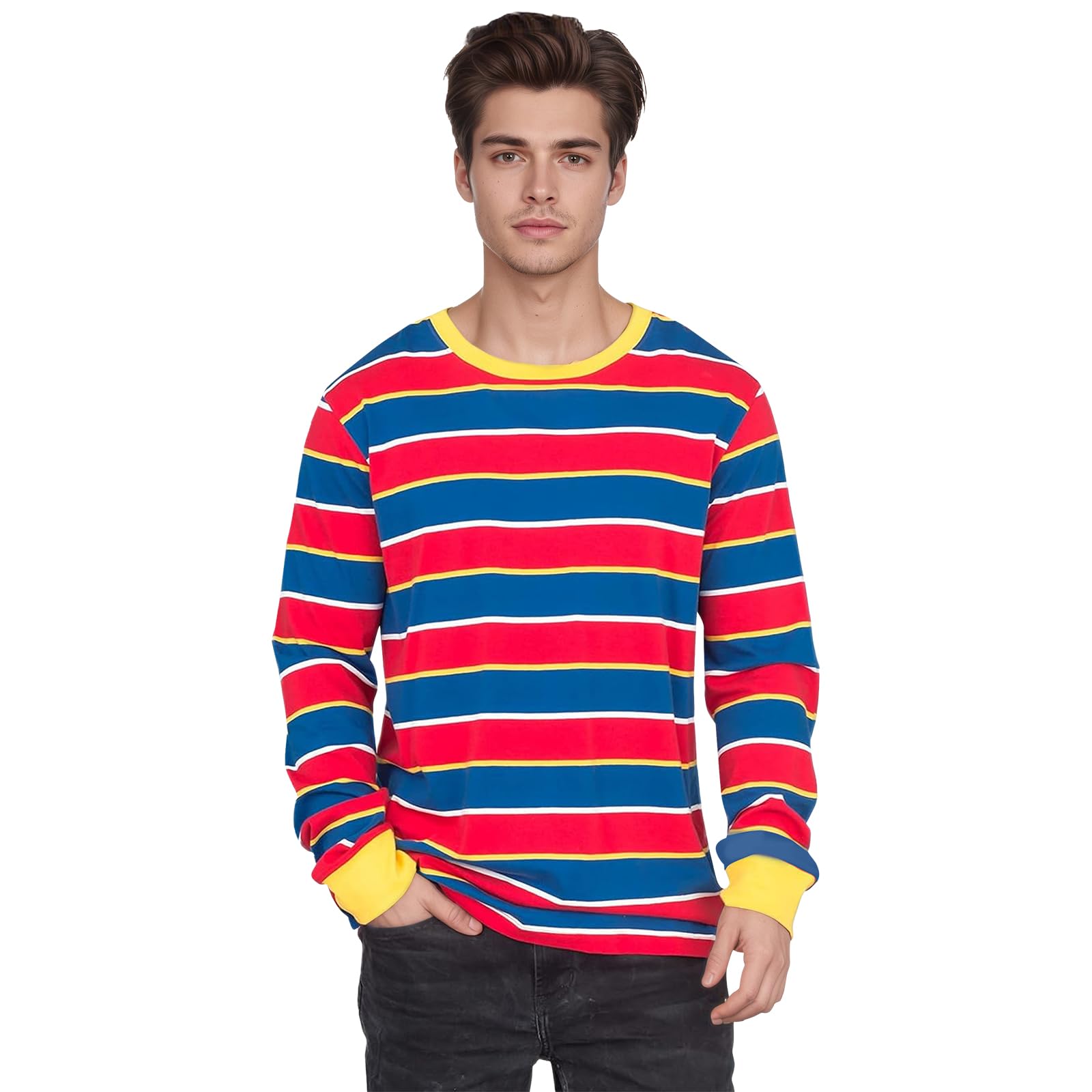Adult Striped Sleeve Shirt Men's Collar Pullover Halloween Classic Character Cosplay Costume (3XL) Red