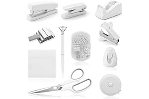 KOGCMEETL White Desk Accessory Kit Cute Office Supplies Set Desktop Stapler Set Includes Staple Remover Hole Punch Tape Dispenser Ballpoint Pen Scissor Mini Box Cutter Tape Measure Paper Clips Sticky Notes