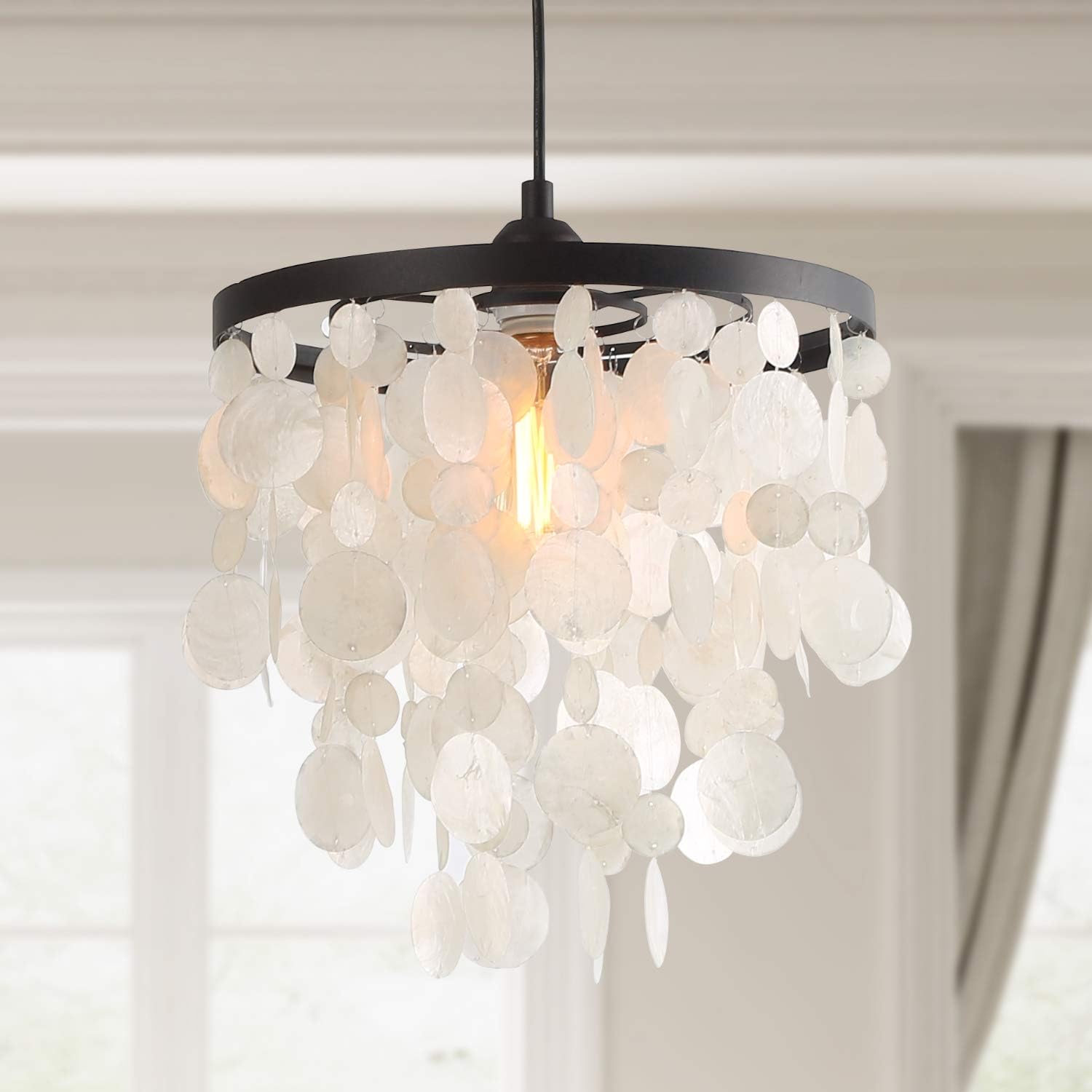 Amazoncom LOG BARN 1 Light Coastal Pendant Lighting In Rusty Metal Round Frame With Natural White Capiz Shell Drops