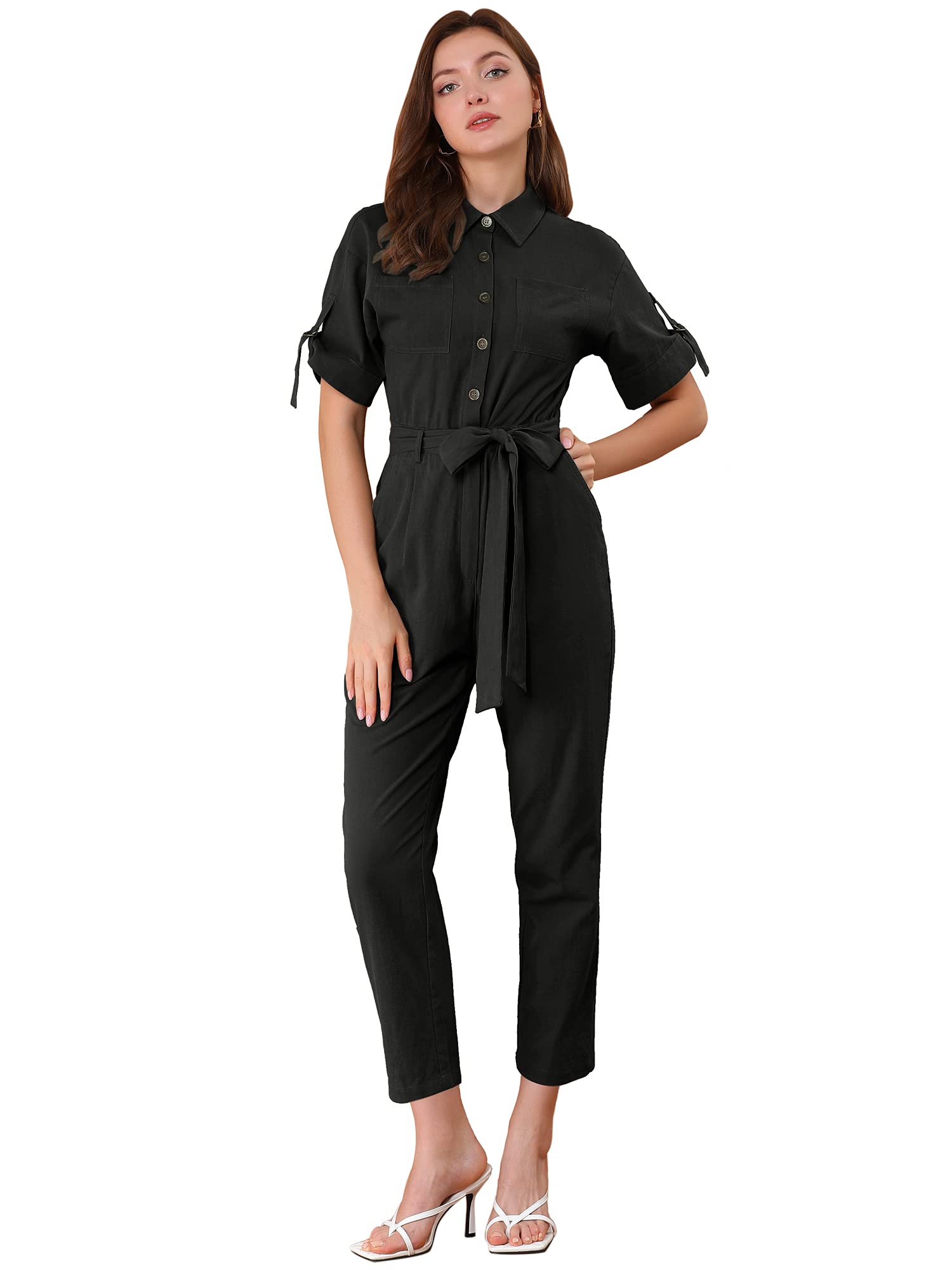 Photo 1 of Allegra K Women's Short Sleeve Collared Cropped Coverall Button Down Tie Waist Cotton Cargo Jumpsuit Medium Black