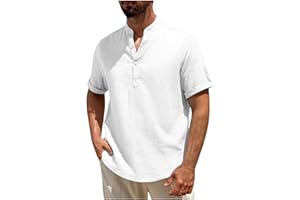 Mens Cotton Linen T Shirts Casual Quarter Button Collared Henley Blouse Classic Lightweight Short Sleeve Work Tee