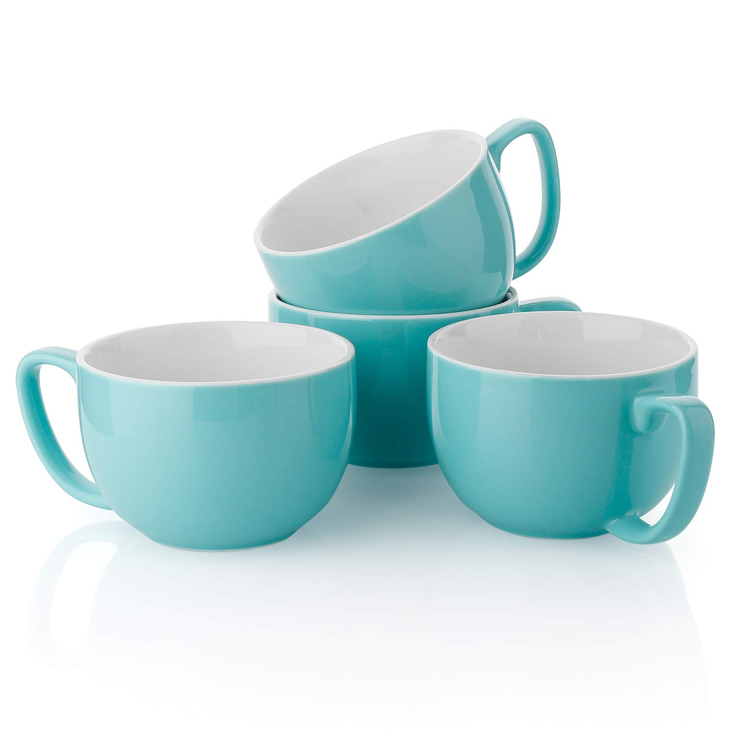 Turquoise Porcelain Jumbo Coffee Mugs Set of 4-16 Ounce Cups with Handle for Hot or Cold Drinks like Cocoa, Milk, Tea or Water - Smooth Ceramic with Modern Design
