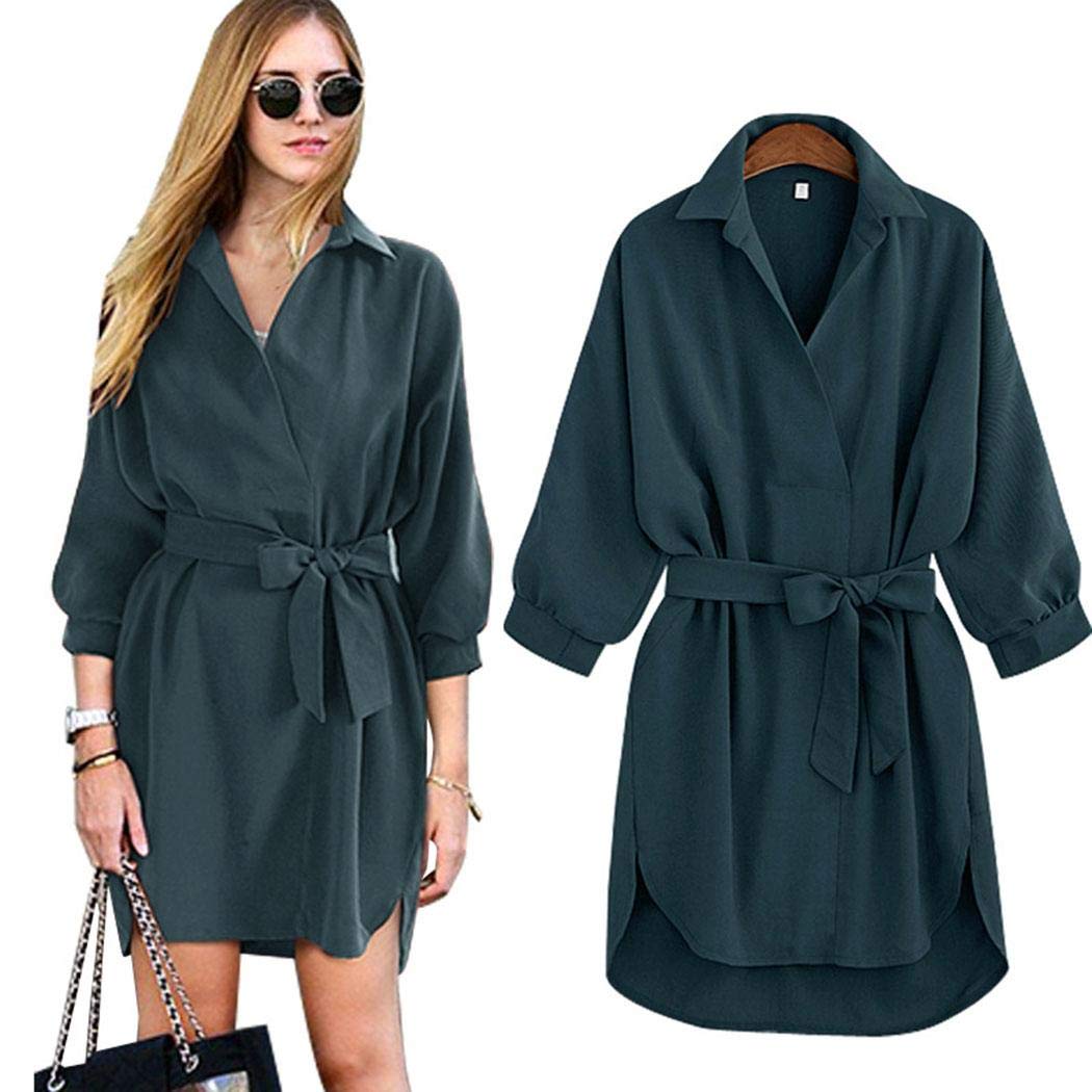 XioNiu Women Casual Turn-Down Collar 3/4 Sleeve Solid Lace-up Irregular Hem Dress Dresses Dark Green