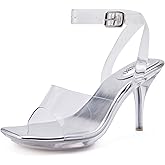 NBUUNBU Clear Heels for Women Sexy Transparent Strappy Ankle Straps Shoes Platform High Kitten Heel Slingback Square Toe Stiletto Comfortable Sandals Mules Pumps