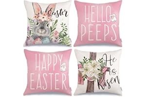 GEEORY Happy Easter Pillow Covers 18x18 Inch Set of 4, Floral Rabbit Bunny Hello Peeps Cross He is Risen Farmhouse Decorative Throw Pillowcases for Home Sofa Couch Decoration (Pink) G496-18