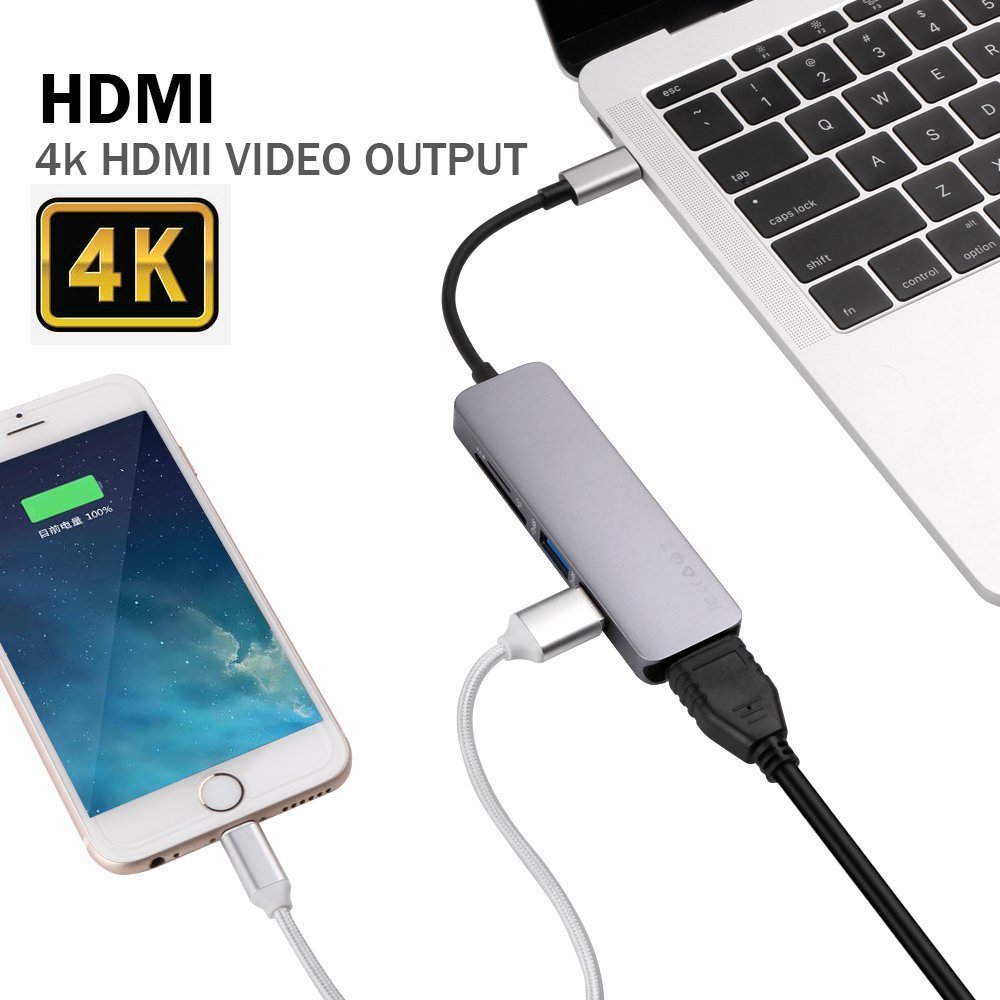 USB C Hub,Topoint 5 in 1 Type C USB 3.1 Adapter bis HDMI 4K-Adapter mit 2 USB 3.0 Anschlüsse SD / TF-Kartenleser für neues MacBook / MacBook Pro 2015/2016/2017, andere USB-C-Port Ausgerüstet Devices