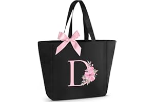 Vavabox Tote Bag, A-Z Initial Monogrammed Waterproof Tote Bag, Bridesmaid Gifts for Women, Black and Pink