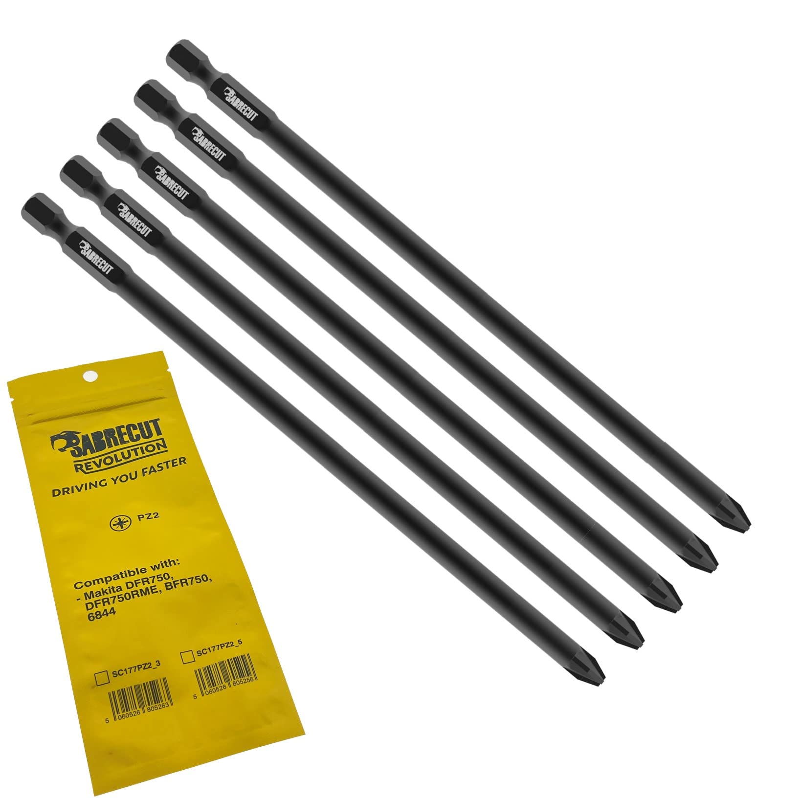 5 x SabreCut SC177PZ2_5 177mm PZ2 Compatible with Makita DFR750 DFR750RME BFR750 6844 P-67789 Autofeed Collated Drywall Screwdriver Gun Bit Single Ended Pozi No.2 Heavy Duty
