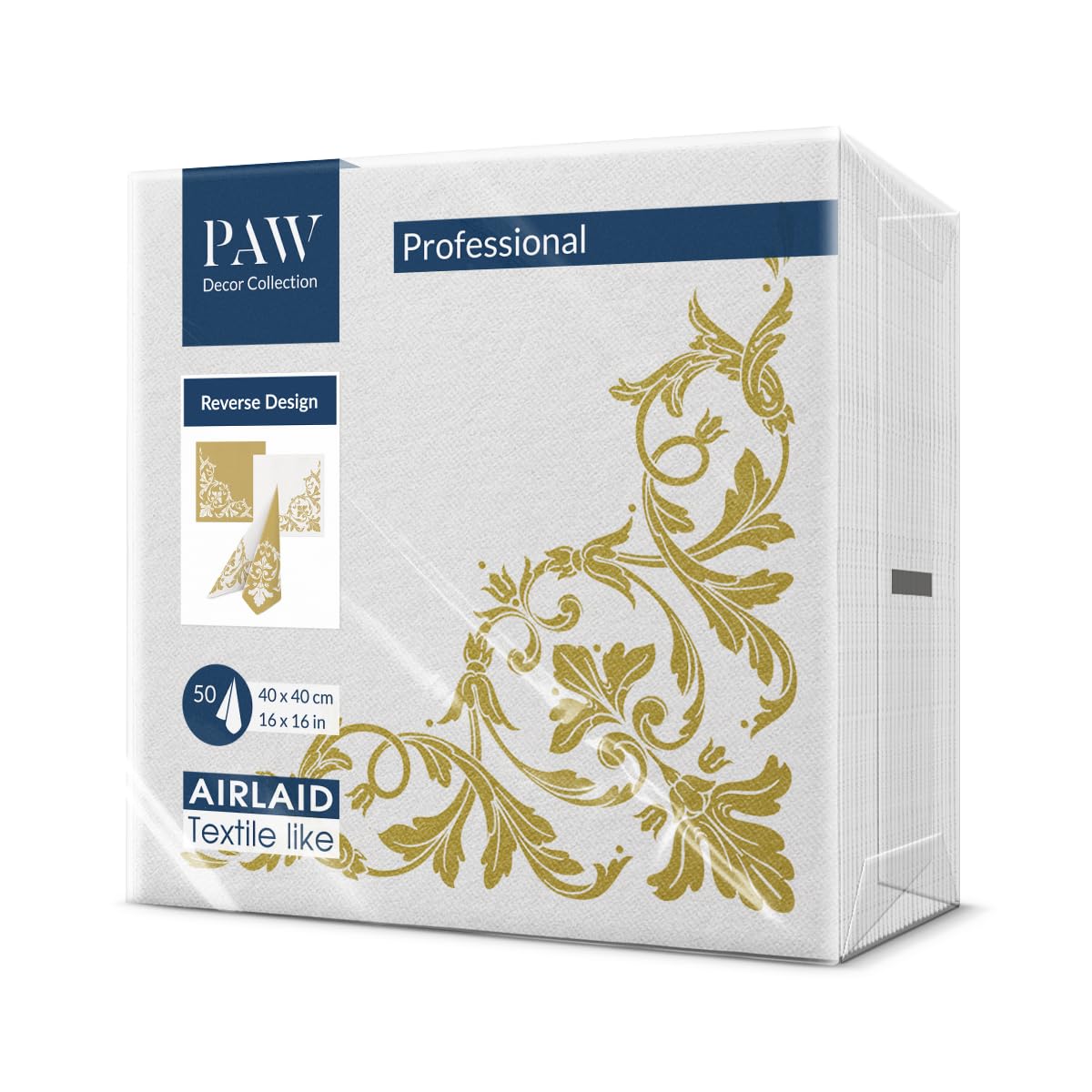 Paw Airlaid Napkins - Fabric-Like (40 x 40 cm) I Pack of 50 I Ideal for Weddings, Christenings, Communion, Birthdays I High-Quality Table Decoration Back Pattern - White/Gold I Reverse Motif