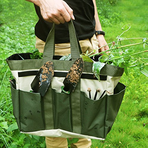 BlueStraw 5 Pieces Garden Tool Set Gardening Gifts Tools Including Rake, Weeder, Transplanter,Trowel, Garden Tote Heavy Duty Heads with Ergonomic Handles for Easy Fun Gardening