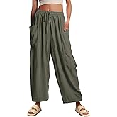 utcoco Womens Baggy Linen Pants Casual Loose Fit Drawstring Wide Leg Harem Pants with Pocket