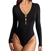 Avidlove Long Sleeve Bodysuits for Women Sexy Cutout Plunge Deep V Neck Thong Bodysuit Double Line Going Out Tops O-Ring