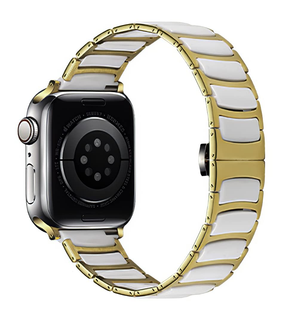 MaKTech Ceramic Band,Thin Stainless Steel Inlaid Ceramic Link Bracelet Strap,for Apple Watch Series 11/10/9/8/7,Ultra 3/2/1,SE 3/2/1 [2025] (46mm/45mm/44mm/49mm,Gold/White)