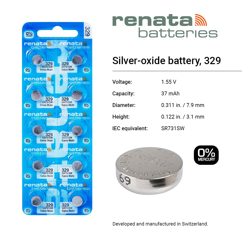 Renata Batteries Renata 329 SR731SW Batteries - 1.55V Silver Oxide 329 Watch Battery (2 Count)
