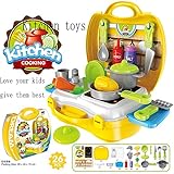 Kitchen Food Playset 26 PCS Set of Pretend for Kids, Includes Cutting Play Fruits and Veggies, Mini Pots and Pans, Cutting Board, Knife,Pepper,Salt and More