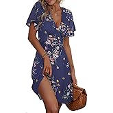 ETCYY NEW Womens Summer Dresses Slant Open V Neck Floral Printed Sundresses Flowy Dress Short Sleeve