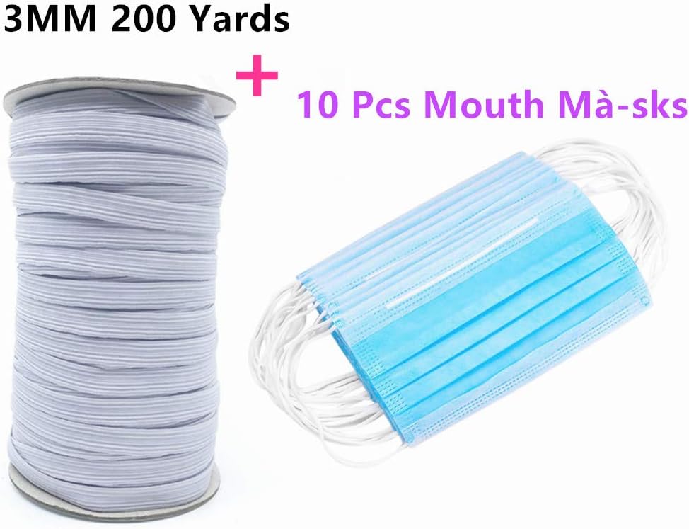 KroY PecoeD 200 Yards 3mm Elastic Cord Spool with 10 Pcs Disposable Face Mà-sks, Flat Elastic Bands Elastic Rope for Knitting, Clothing Jewelry Making and Arts & Craft Accessories(White)