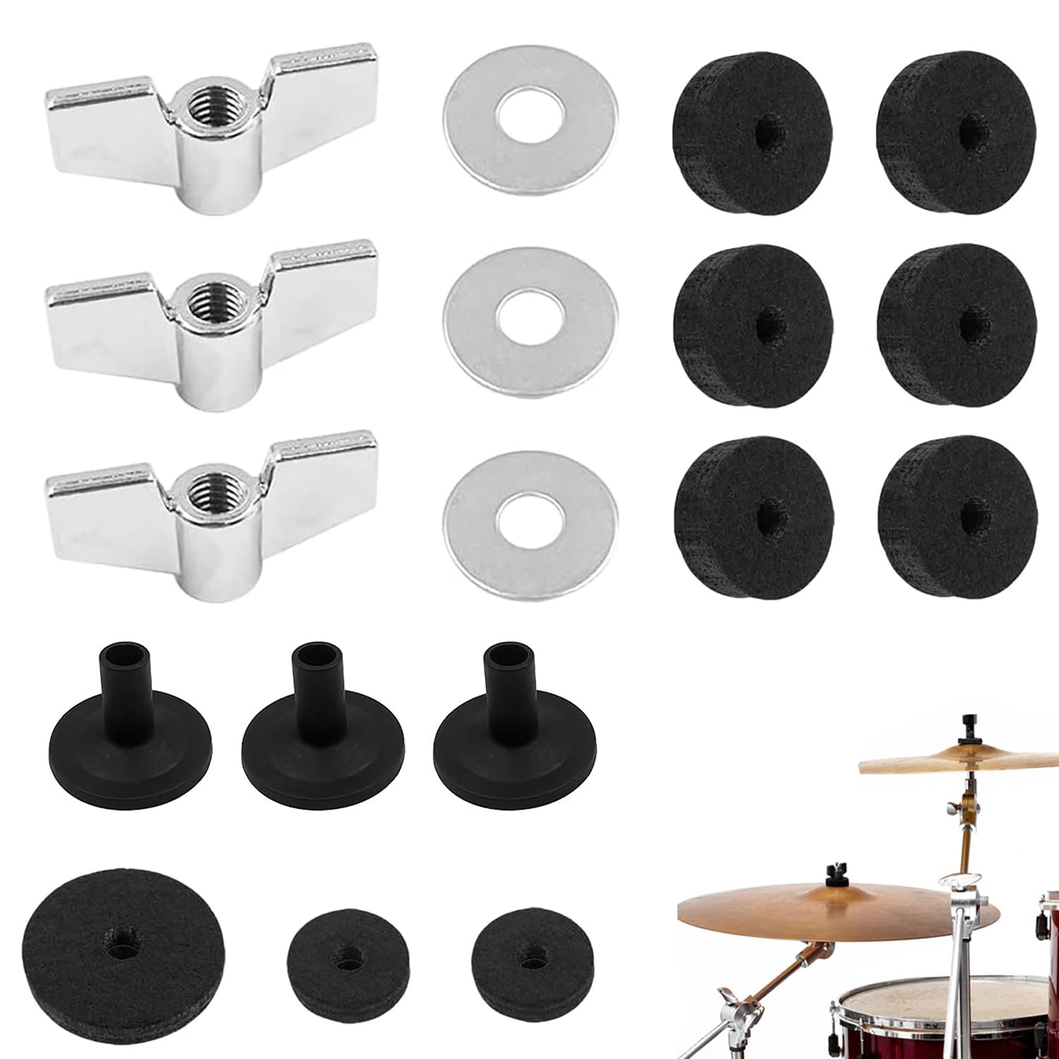 Norhogo 18-Pack Cymbal Replacement Accessories, Anti-slip drum kit felt drum kit accessories, Drum Kit Accessories Set include Cymbal Felts, with Base Wing Nuts and Cymbal Washer for Drum Set, Black