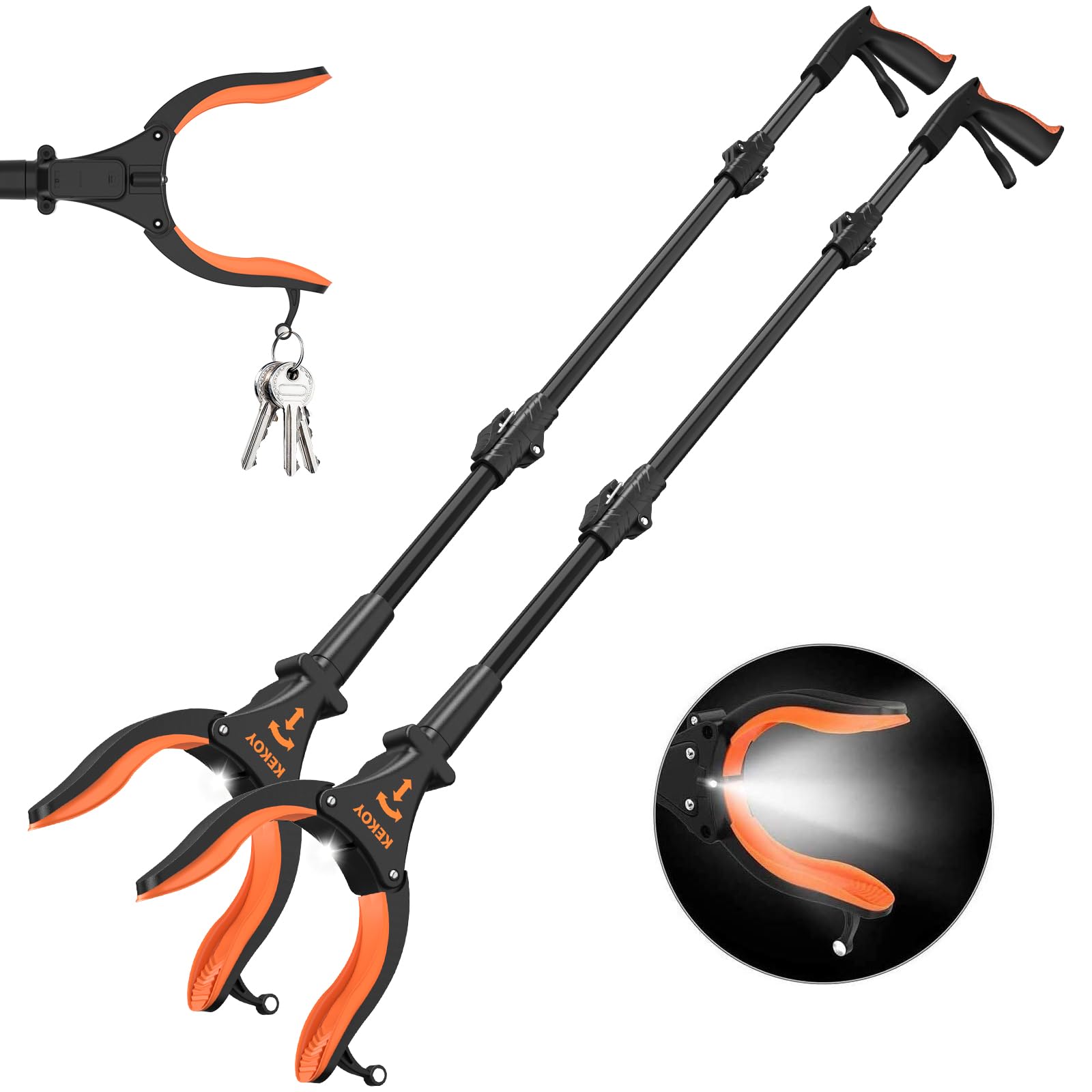 Kekoy 2-Pack Reacher Grabber Tool with Light, 81cm Foldable Picker Upper Grabber, Grabber Stick for Elderly, Reaching Assist Tool for Trash Pick Up, Grippers for Disabled Litter Picker(Orange）