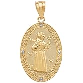 14k Gold Saint Francis Of Assisi Diamond Oval Medal Charm Pendant (Small)