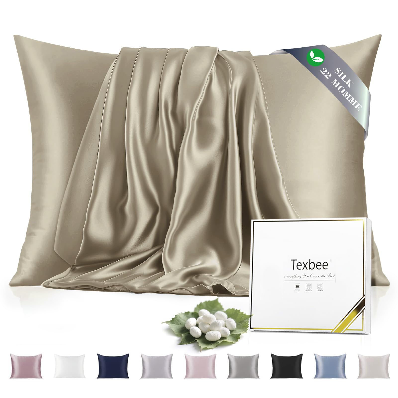 Texbee Silk Pillowcase, 22 Momme Mulberry Silk Pillowcases for Hair and Skin Health, Soft Smooth Breathable Cool Pure Pillow Case for Beauty Sleep, with Gift Box, 1pc (King 50x90 cm, Taupe)