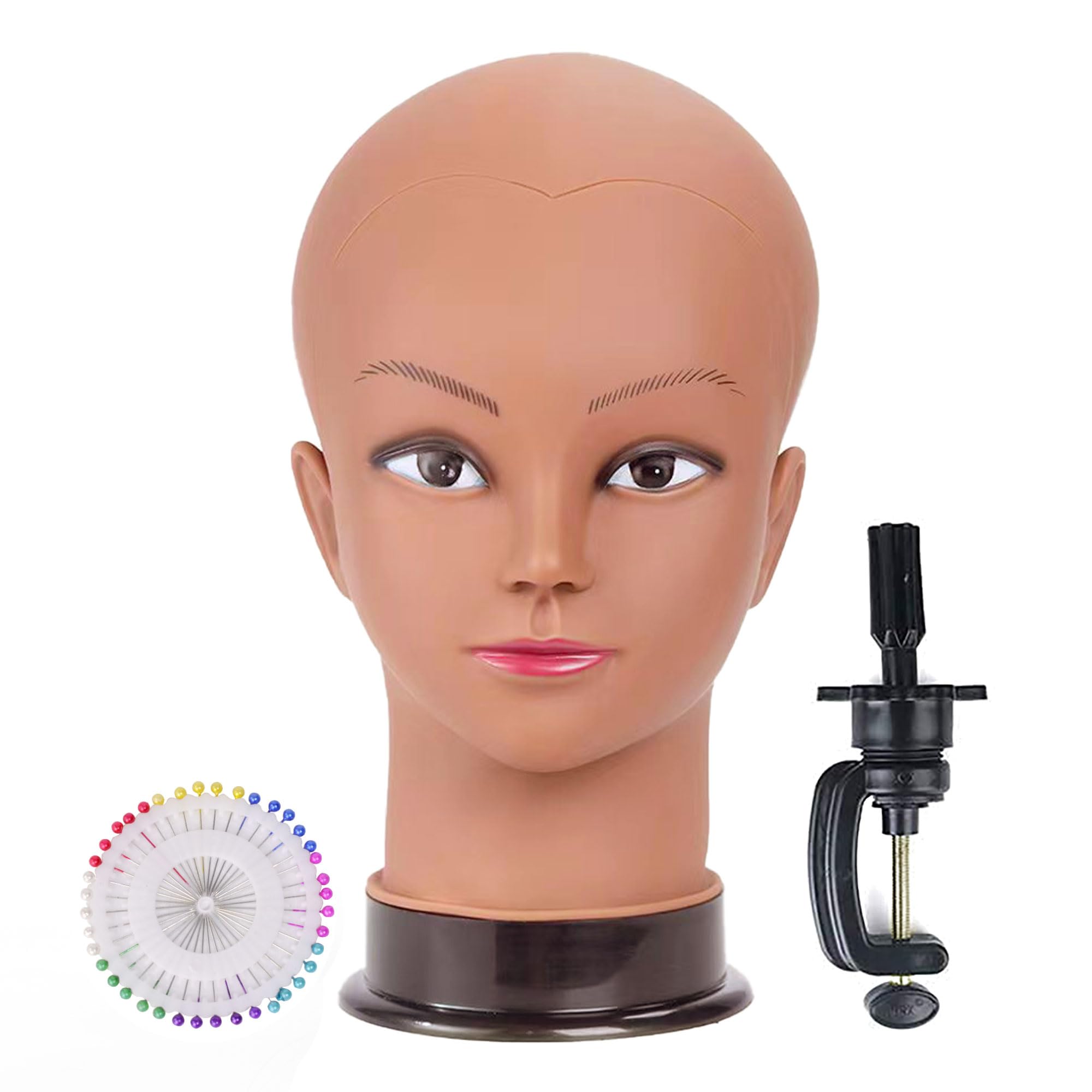 Photo 1 of TKIMHEQ Bald Female Mannequin Head 22 Inches Big Head Circumference Makeup Training Head Wig Head Professional Cosmetology for Wig Making and Display Hat Helmet Glasses Display Head Model with Clamp Stand