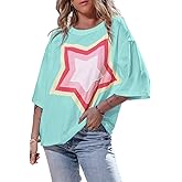 Women's Casual T-Shirt Short Sleeve Crewneck Basic Tee Tops 2025 Trendy Star Graphic Loose Fit Oversized Pullover Blouse Tops