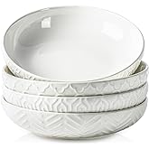 Sureasy Pasta Bowls Set of 4-30oz Large Ceramic Embossed Bowl Plates, 8.5 Inch Wide and Shallow Plate Bowls, Salad Bowl, Microwave, Oven & Dishwasher Safe, White