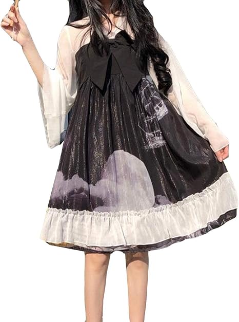 Amazon Co Jp Alhylaレディース ワンピース Aライン 夏 長袖 スカート黒 ゆったり 可愛い プリント柄 ドレス マキシワンピース 女性 通気 薄手 原宿風 シンプル 森ガール 服 ファッション小物