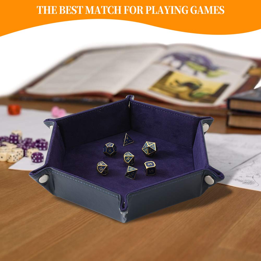 2 Pcs Portable Folding Dice Rolling Tray Set for RPG DND Table Games - PU Leather and Velvet Holder Storage Box - Navy Blue and Camel