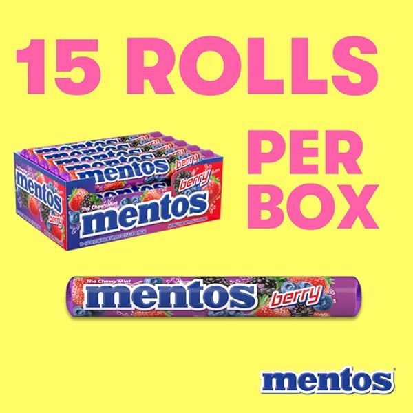 MENTOS CANDY, CHEWY CANDY MINT ROLL, BERRY FLAVORED, AMAZON EXCLUSIVE, PARTY, OFFICE, CONCESSIONS, 14 PIECES (BULK PACK OF 15 ROLLS)