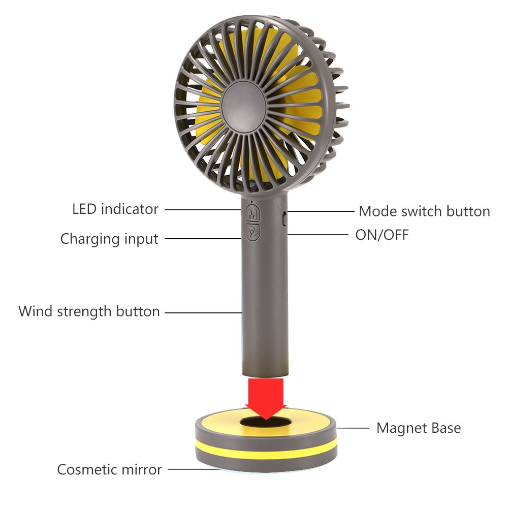 Niubity Mini Handheld Personal Fan Rechargeable Battery Powered 3 Speed Portable Adjustable Table USB Fans Travel Cooler 2000mAh(Gray)