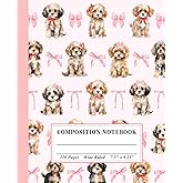 Composition Notebook Wide Ruled 7.5" x 9.25": Cavapoos and Girly Bows | Cute Pink Coquette Notebook for Kids, Teens, and Adults