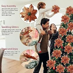 GREENTIME 12 Pcs Glitter Poinsettia 5.5" Artificial