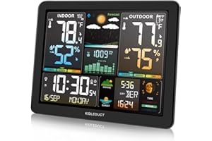KIDLEDUCT Weather Station Wireless Indoor Outdoor Thermometer, 8.5" Large Color Atomic Clock with Sunrise Sunset Time, 5 Levels of Backlight, Weather Forecast/Barometer Run Chart, Moon Phase, Tide