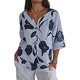 Chicyoo Womens 3/4 Length Sleeve Tops Dressy Casual V Neck Boho Floral Print Summer Blouses Shirts