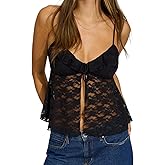 Women's Lace Cami Shirt Sleeveless Spaghetti Strap Tank Tops Tie Up Front Crop Top Going Out Tops