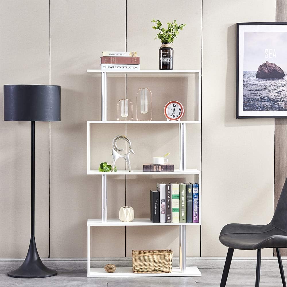 Homesailing Eu White Wood Bookshelf 4 Tier Shelves S Shape Bookcase Metal Connector Free Standing Shelving Storage Display Unit Living Room Study Home Office Amazon Co Uk Kitchen Home