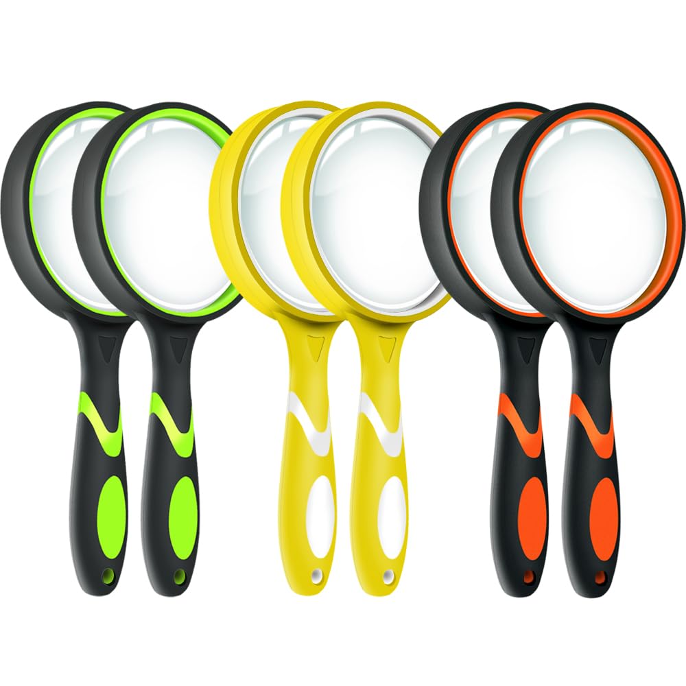 Leffis 6 Pack Magnifying Glass, 10X Non-Slip Handheld Reading Magnifier for Kids and Seniors, 75mm Magnifying Glass Lens for Reading, and Nature Exploration