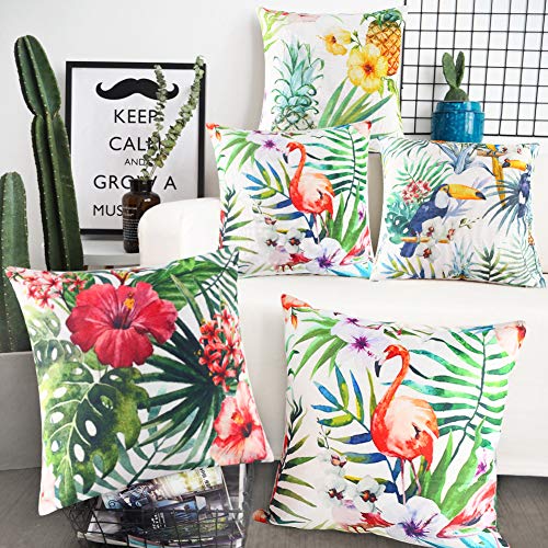Johouse 4PCS Flamingo Throw Pillow Covers Decorative Tropical Leaves Toucan Parrot Pattern Cushion Covers for Patio Sofa Couch Summer Holiday Home Decoration,18 X 18 Inch