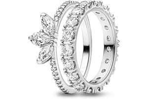 UNE DOUCE Sparkling Rapunzel Rings Set, Sliver/Gold/Rose Gold Plated Promise Rings Set, Cute Tear-shaped Crystal Tiara Ring and Zirconia Row Eternity Ring Set, Gift for Women Girls