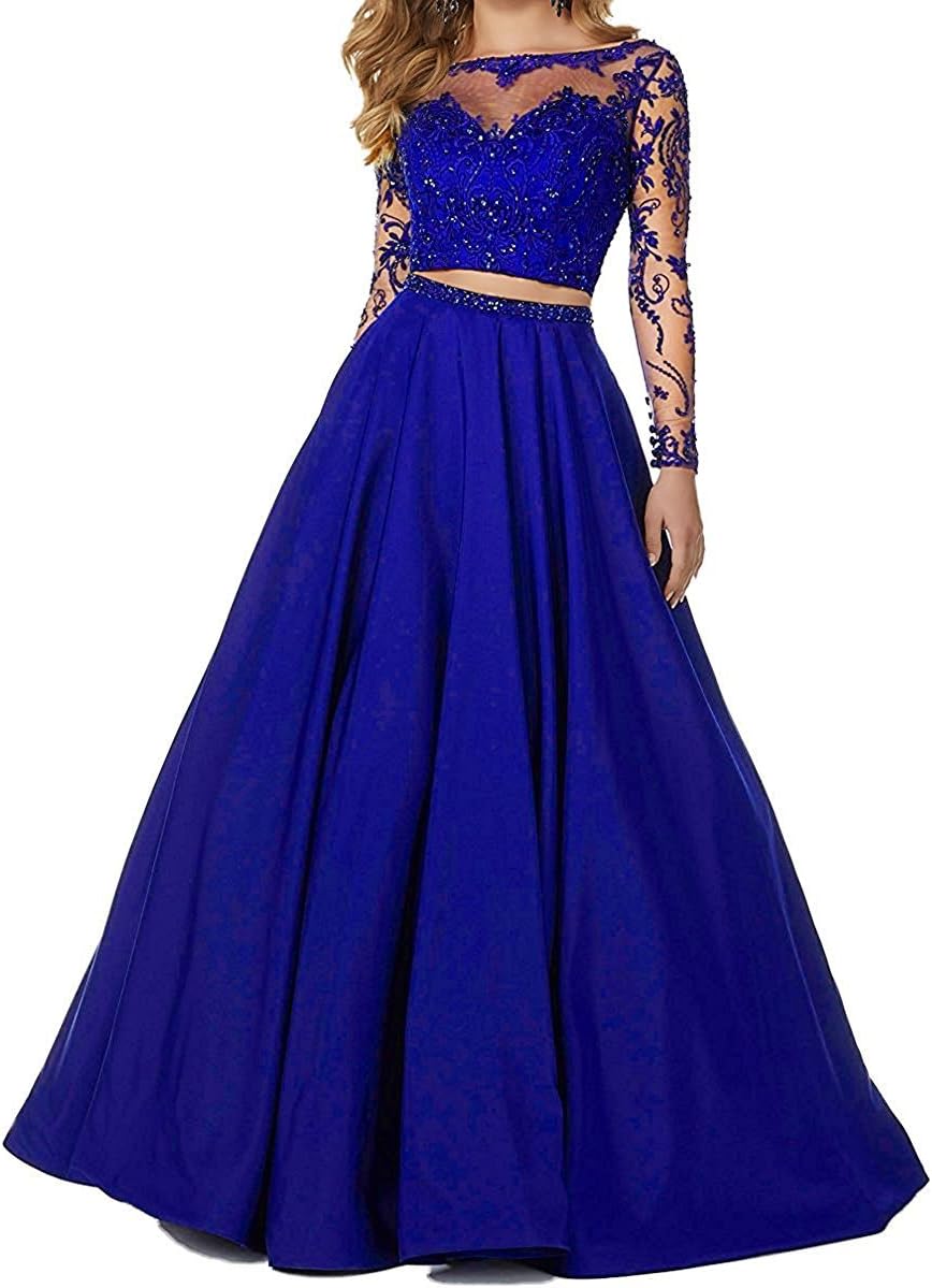 Sound of blossoming 2018 Two Pieces Beaded Prom Dresses Lace Illusion Long Sleeves Formal Evening Ball Gown041