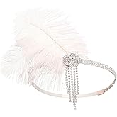 VENOFEN 1920s Flapper Headpiece White Feather Headband Rhinestone Tassel Roaring 20s Headpiece Cocktail Party Prom Hair Decoration Accessories for Women and Girls